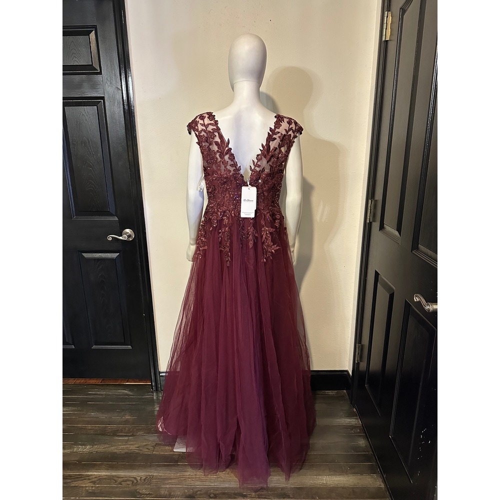 JJ's House Burgundy Lace Sequin Tulle A-Line Evening Gown Prom Dress - Picture 4 of 5